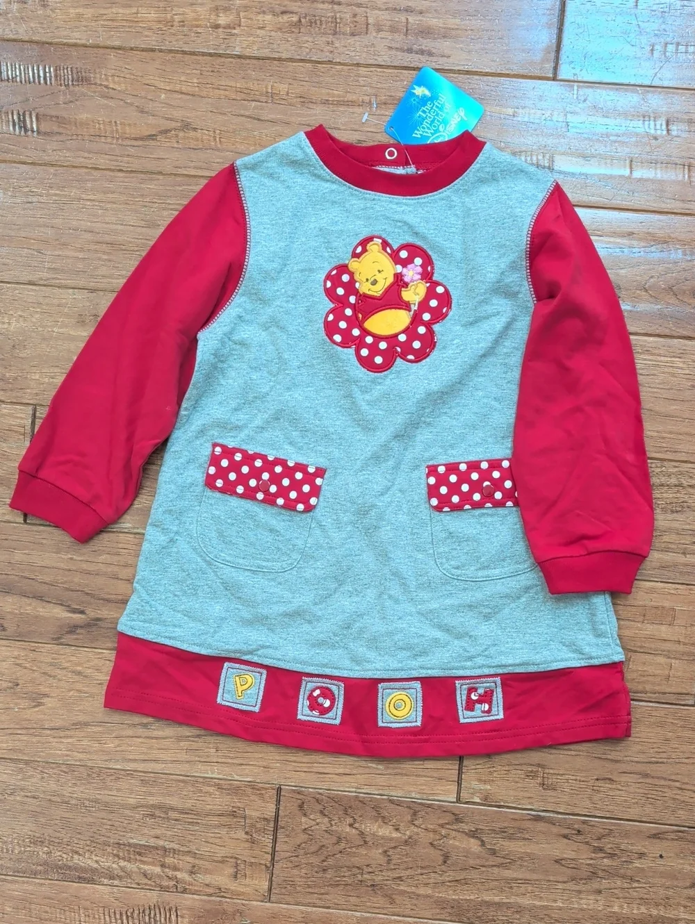 Disney Vintage Heather Gray & Red Baby/Toddler Dress with Character Pooh Patch